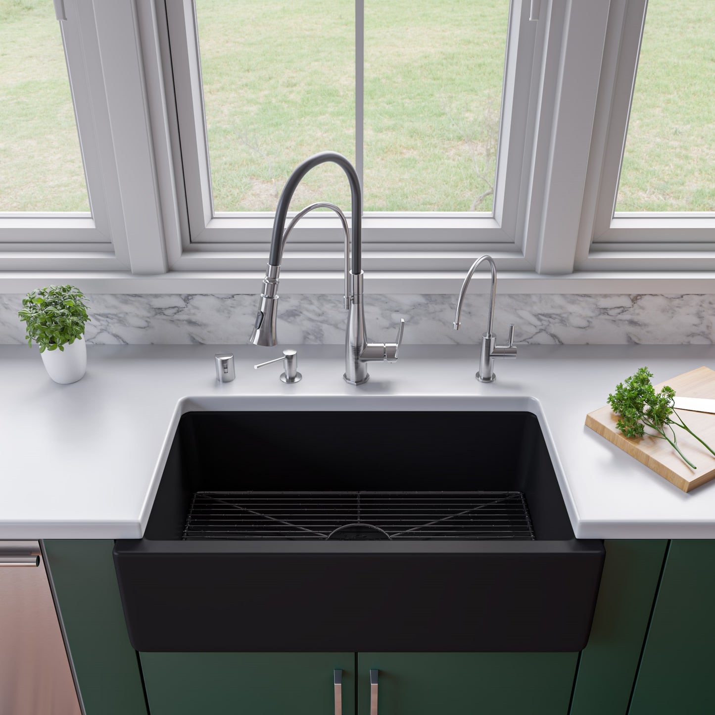 ALFI brand AB3318HS-BM 33" Black Matte Reversible Smooth / Fluted Single Bowl Fireclay Farm Sink