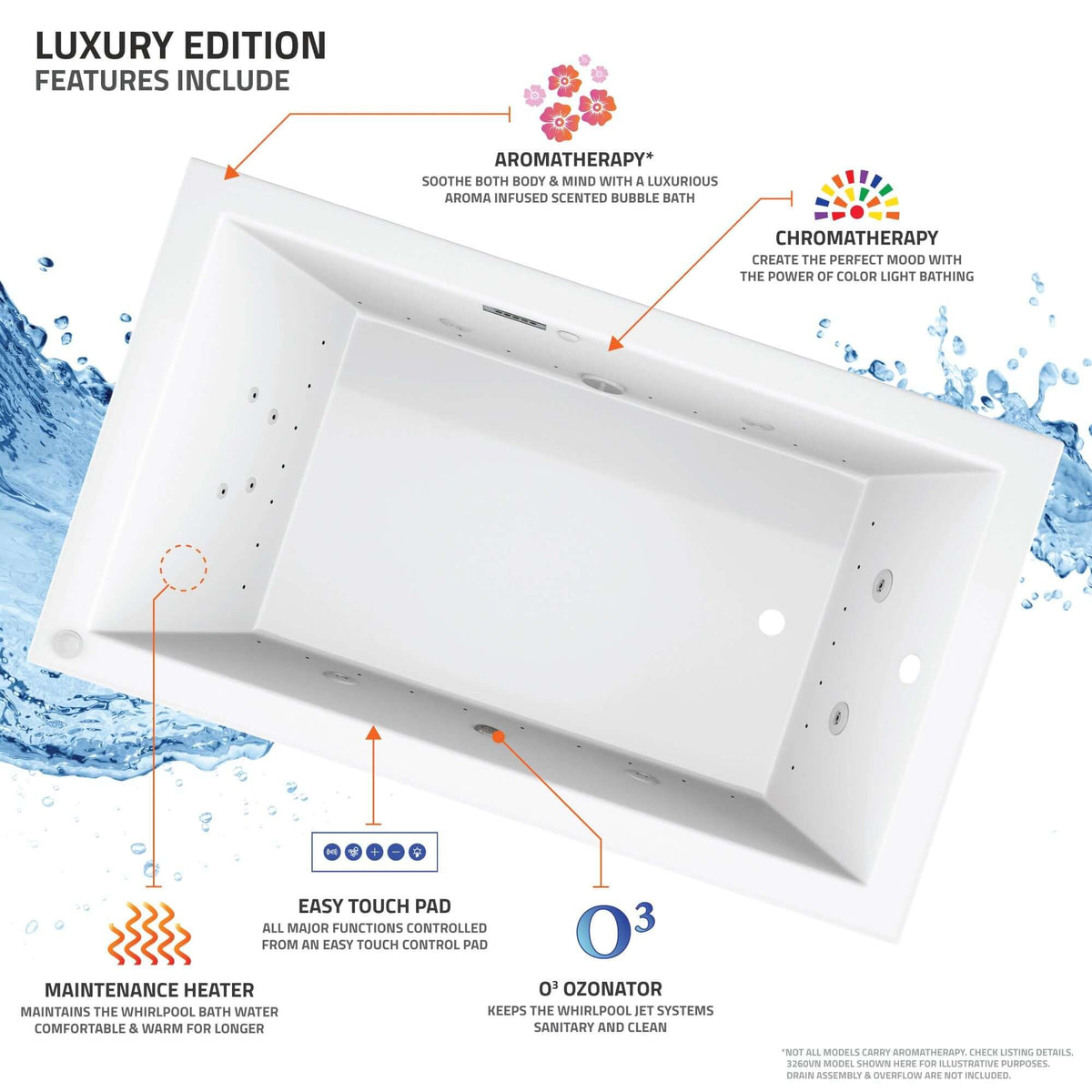 Atlantis Whirlpools Venetian Deluxe Series 30 x 60in. Air and Whirlpool Jetted Bathtub in White features