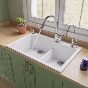 ALFI brand AB3320DI-W White 33" Double Bowl Drop In Granite Composite Kitchen Sink