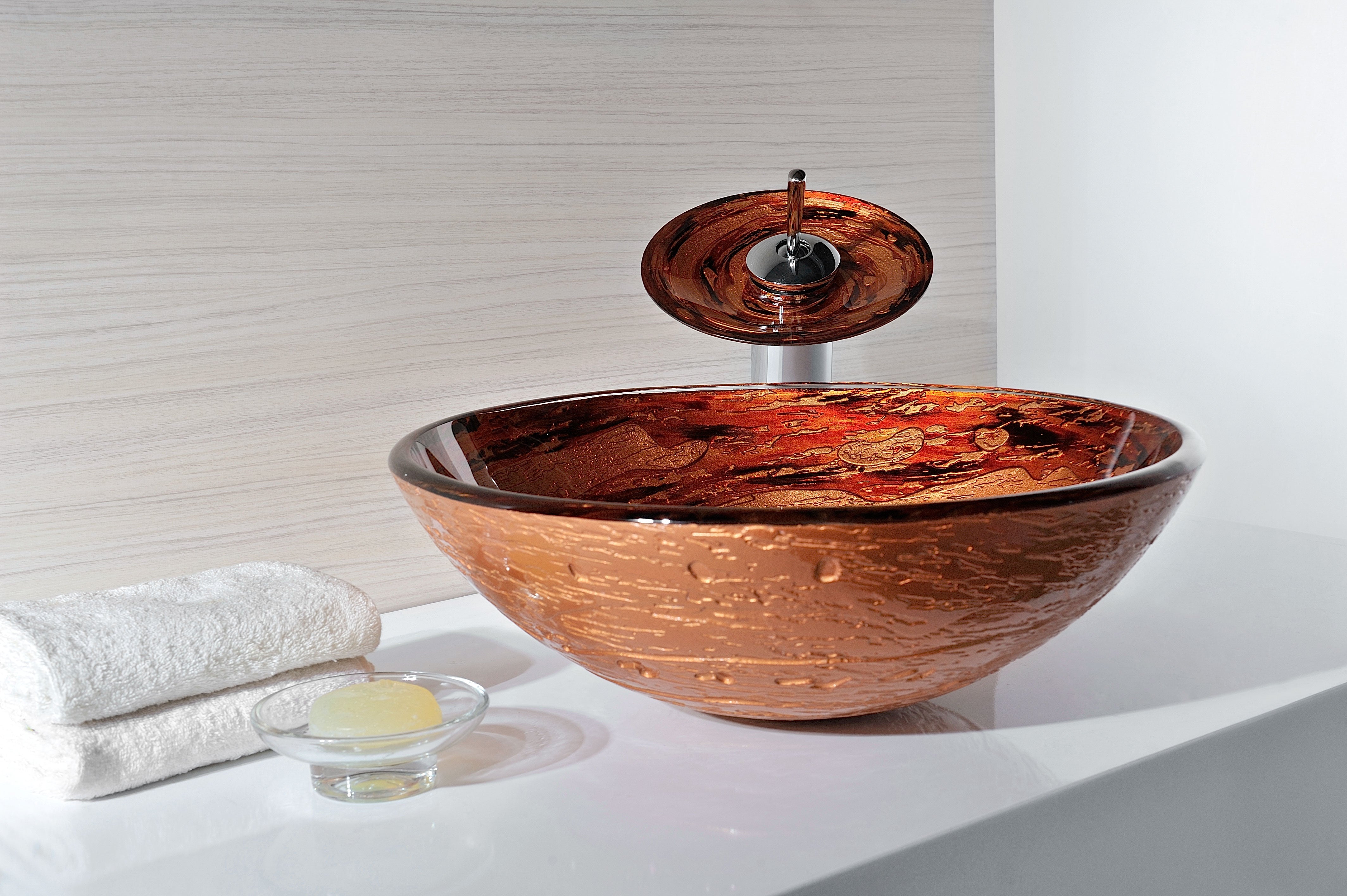 Stanza Series Vessel Sink in Brown with Pop-Up Drain and Matching Faucet in Lustrous Brown