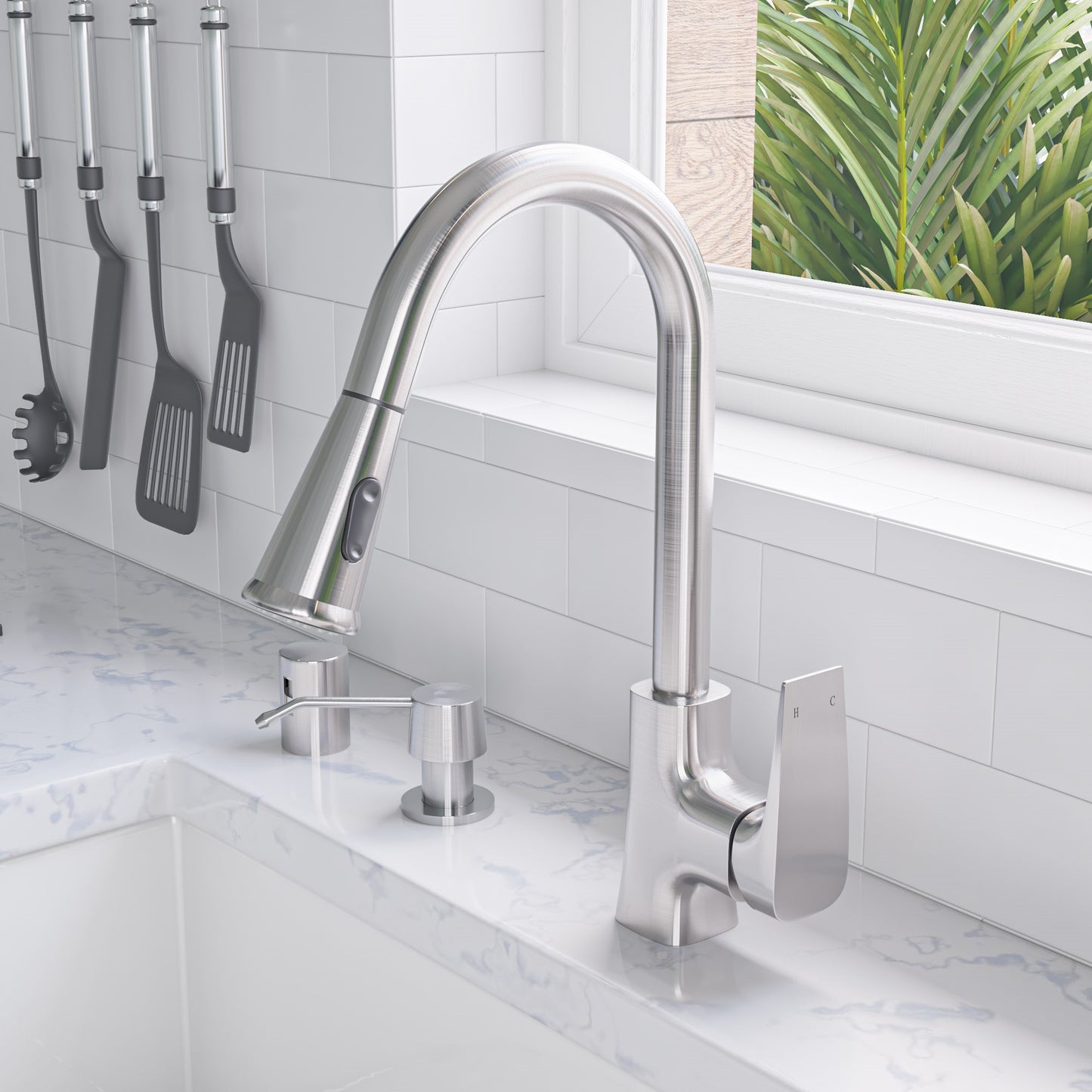 ALFI brand ABKF3889-BN Brushed Nickel Square Gooseneck Pull Down Kitchen Faucet