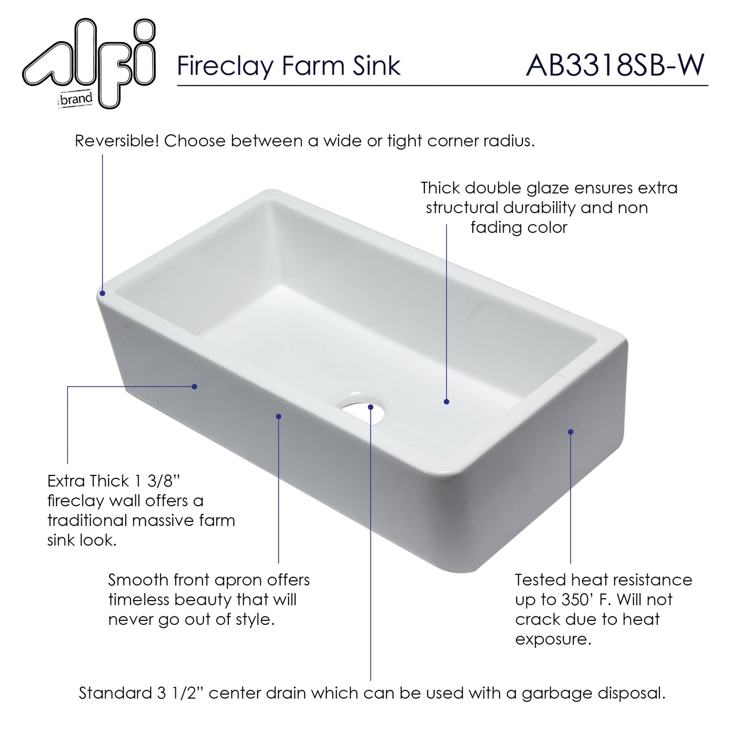 ALFI brand AB3318SB-W 33" White Smooth Apron Solid Thick Wall Fireclay Single Bowl Farm Sink