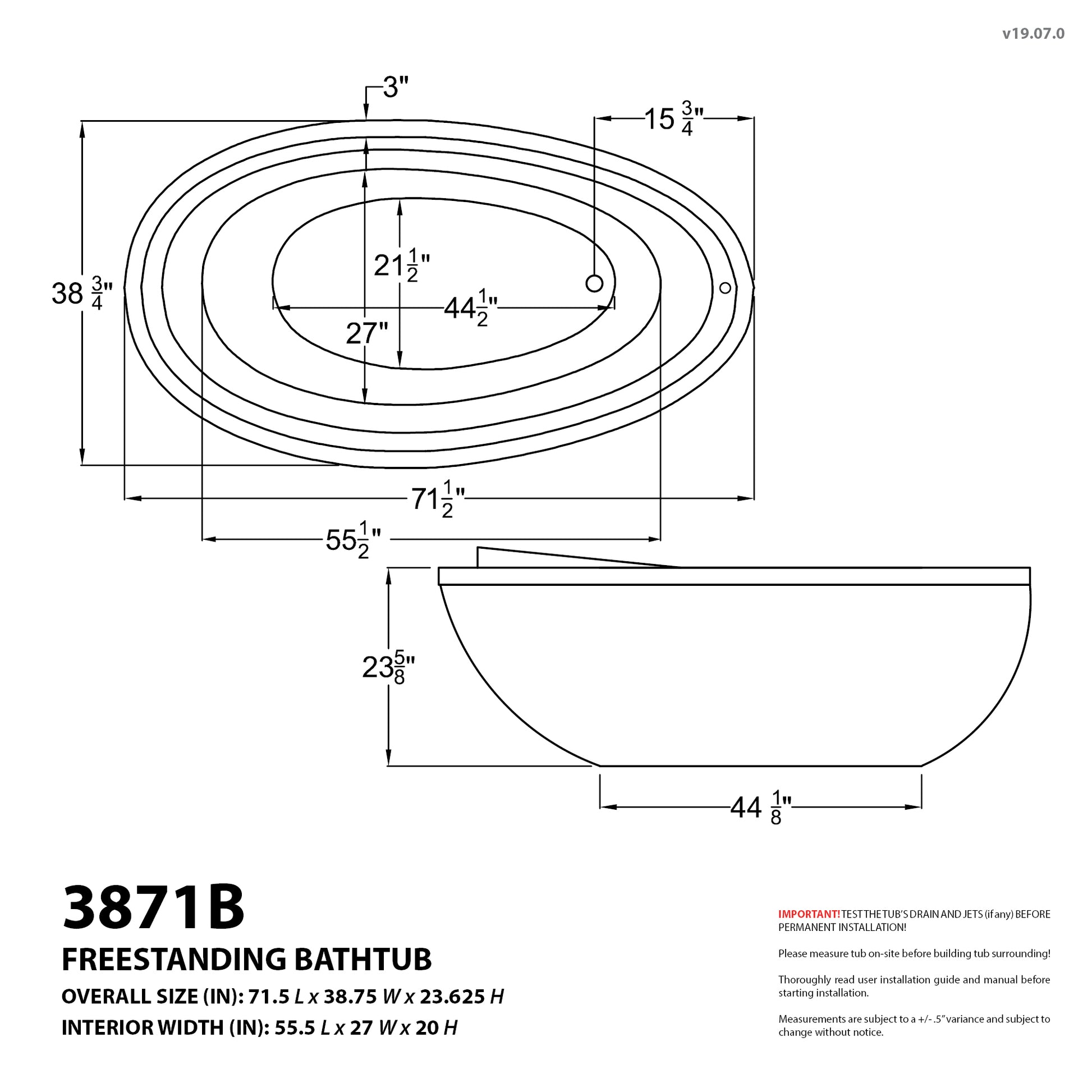 Atlantis Whirlpools Breeze 38 x 71 Oval Freestanding Air Jetted Bathtub