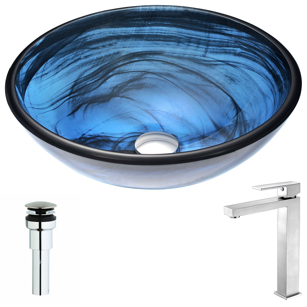 Soave Series Deco-Glass Vessel Sink in Sapphire Wisp with Enti Faucet
