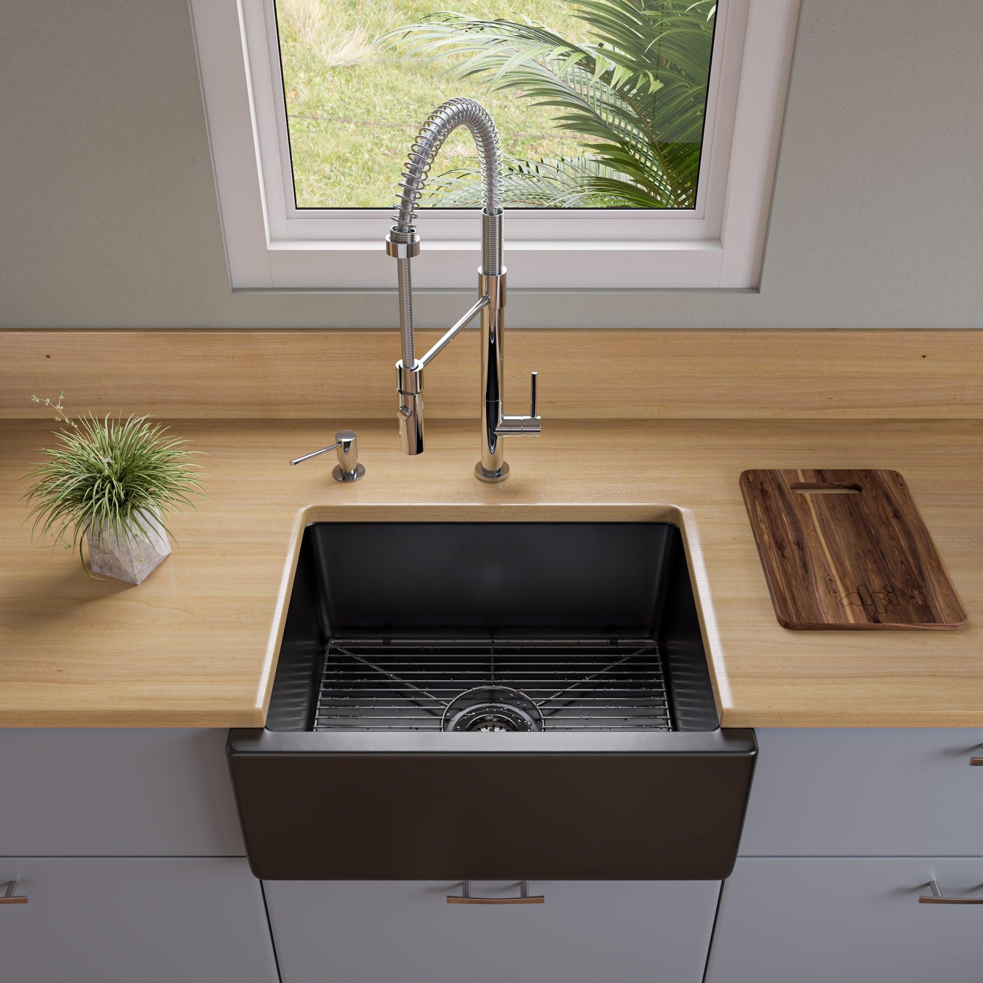 ALFI brand AB2418HS-BG 24" Black Gloss Reversible Smooth / Fluted Single Bowl Fireclay Farm Sink