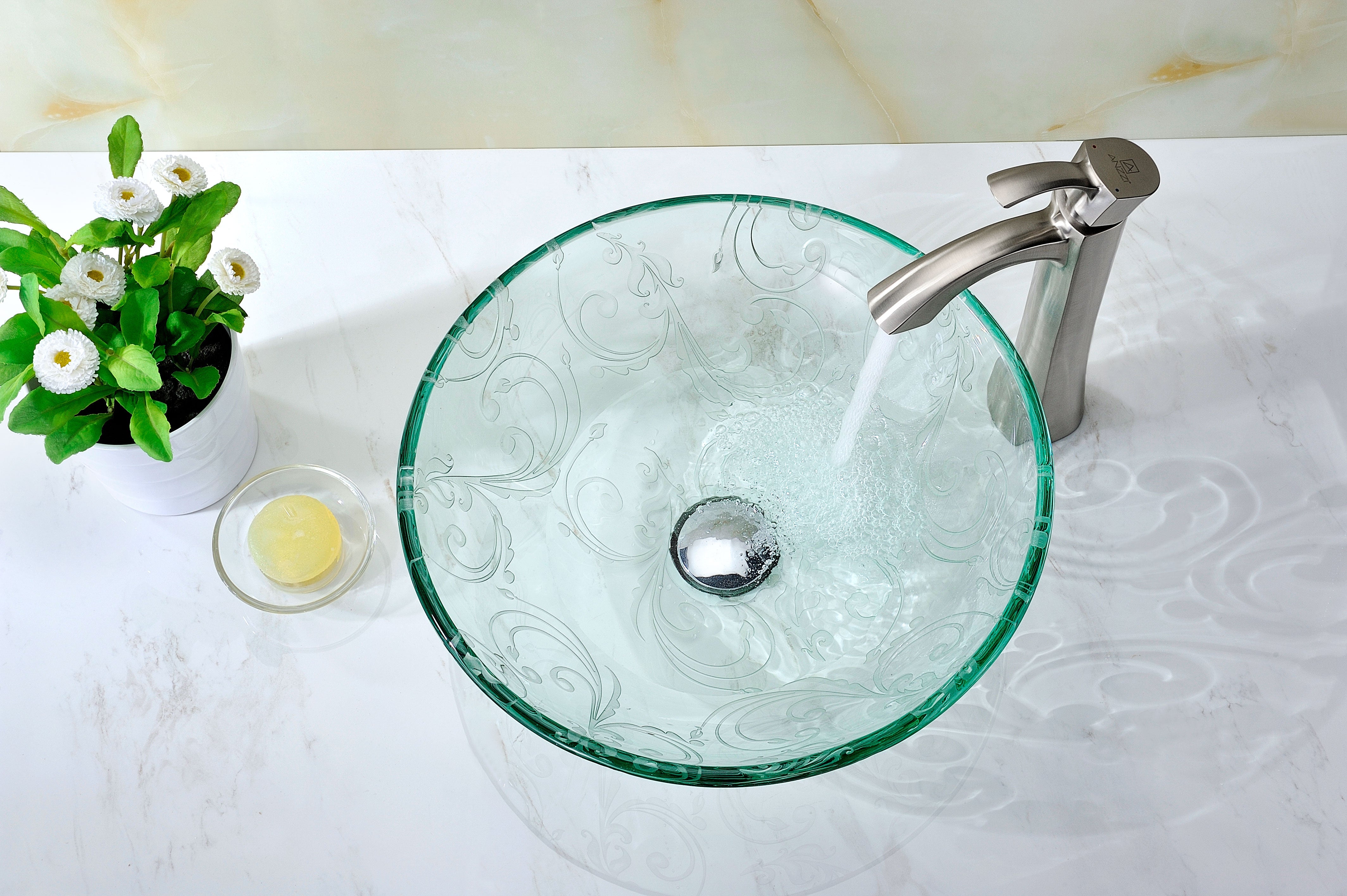 Vieno Series Vessel Sink with Pop-Up Drain in Crystal Clear Floral