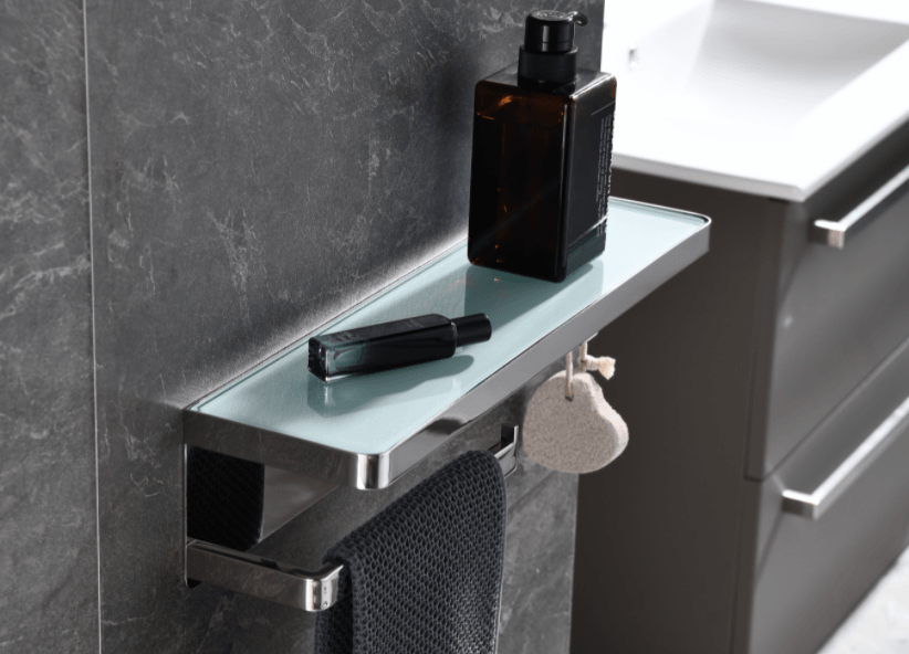 Lexora Bagno Bianca Glass Black / White Shelf w/ Towel Bar & Robe Hook