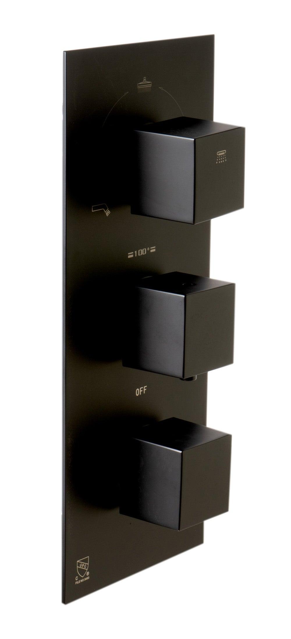 ALFI brand AB2801-BM Black Matte 3-Way Thermostatic Valve Shower Mixer Square Knobs