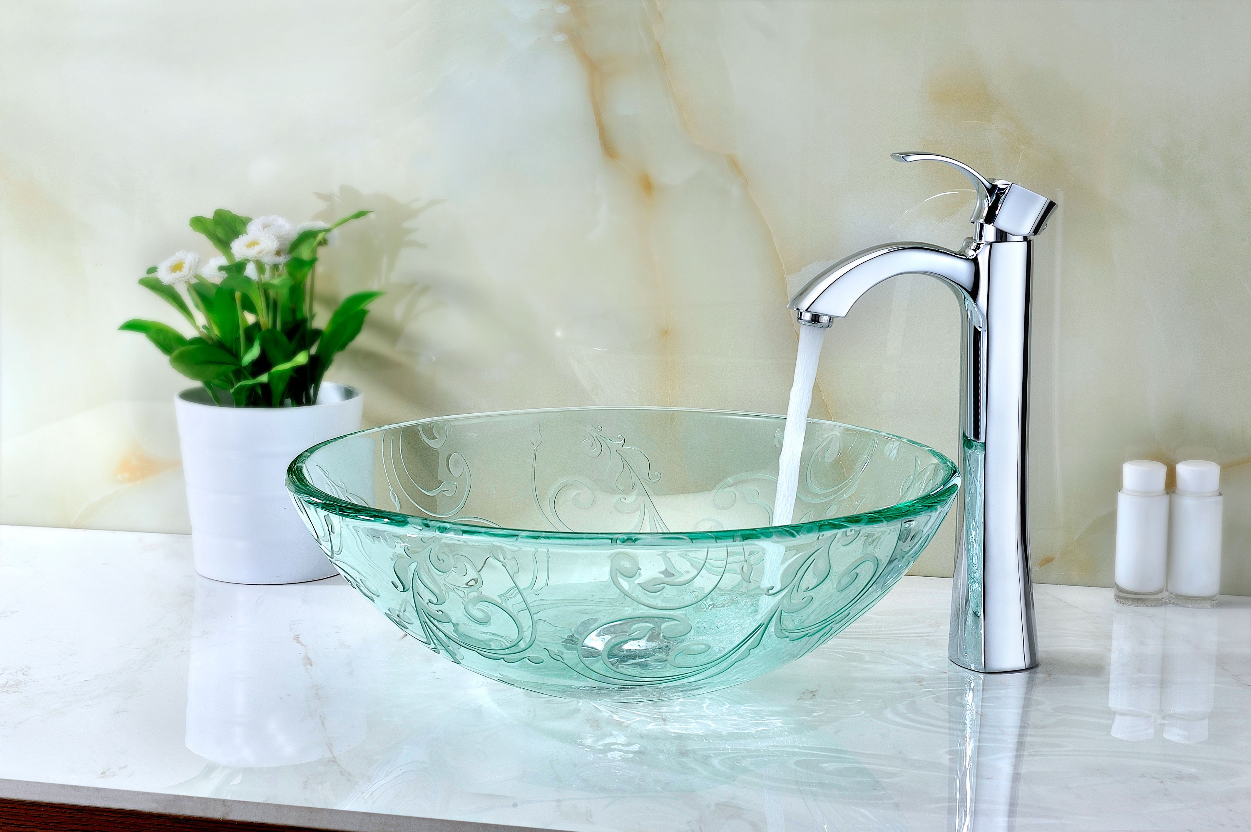 Vieno Series Vessel Sink with Pop-Up Drain in Crystal Clear Floral