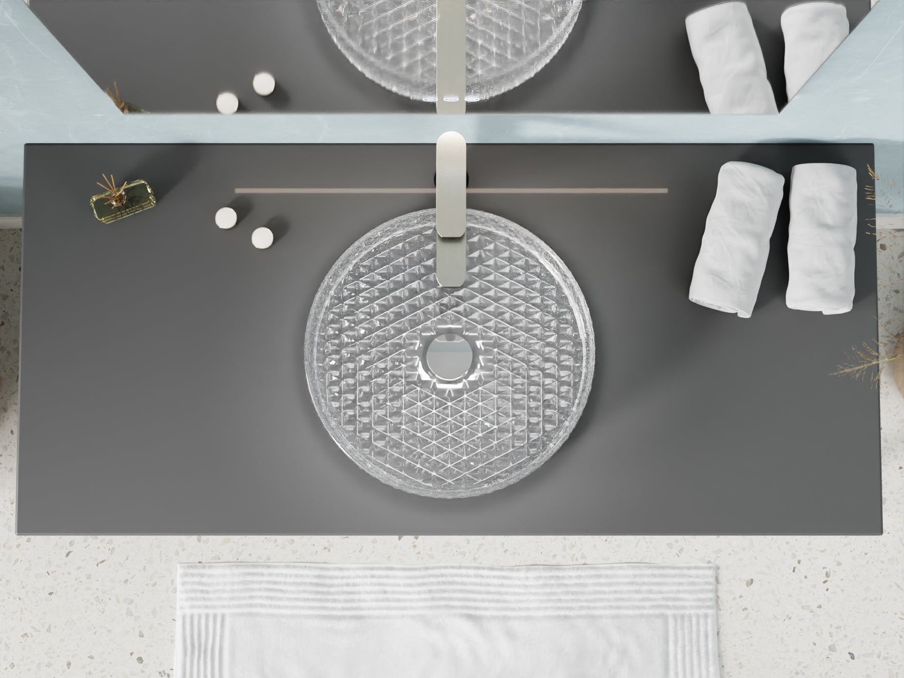 Celeste Round Clear Glass Vessel Bathroom Sink with Faceted Pattern
