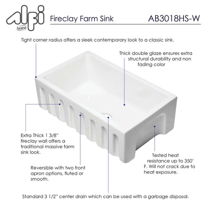 ALFI brand AB3018HS-W 30 inch White Reversible Smooth / Fluted Single Bowl Fireclay Farm Sink