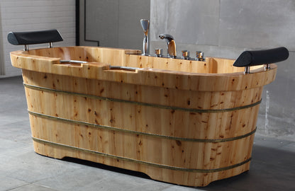 ALFI brand AB1130 65" 2 Person Free Standing Cedar Wooden Bathtub with Fixtures & Headrests