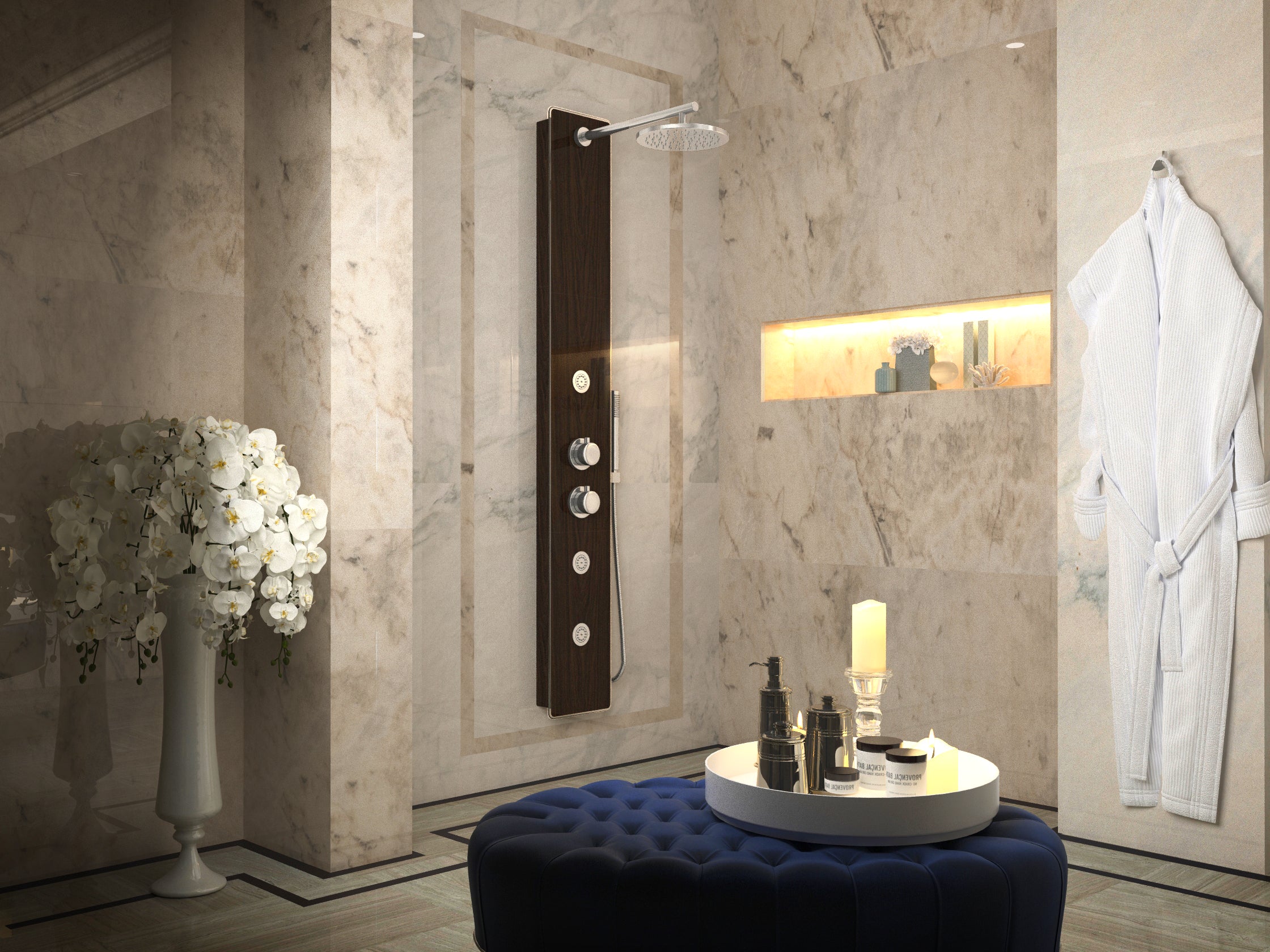 Pure 59 in. 3-Jetted Shower Panel with Heavy Rain Shower and Spray Wand in Mahogany Deco-Glass