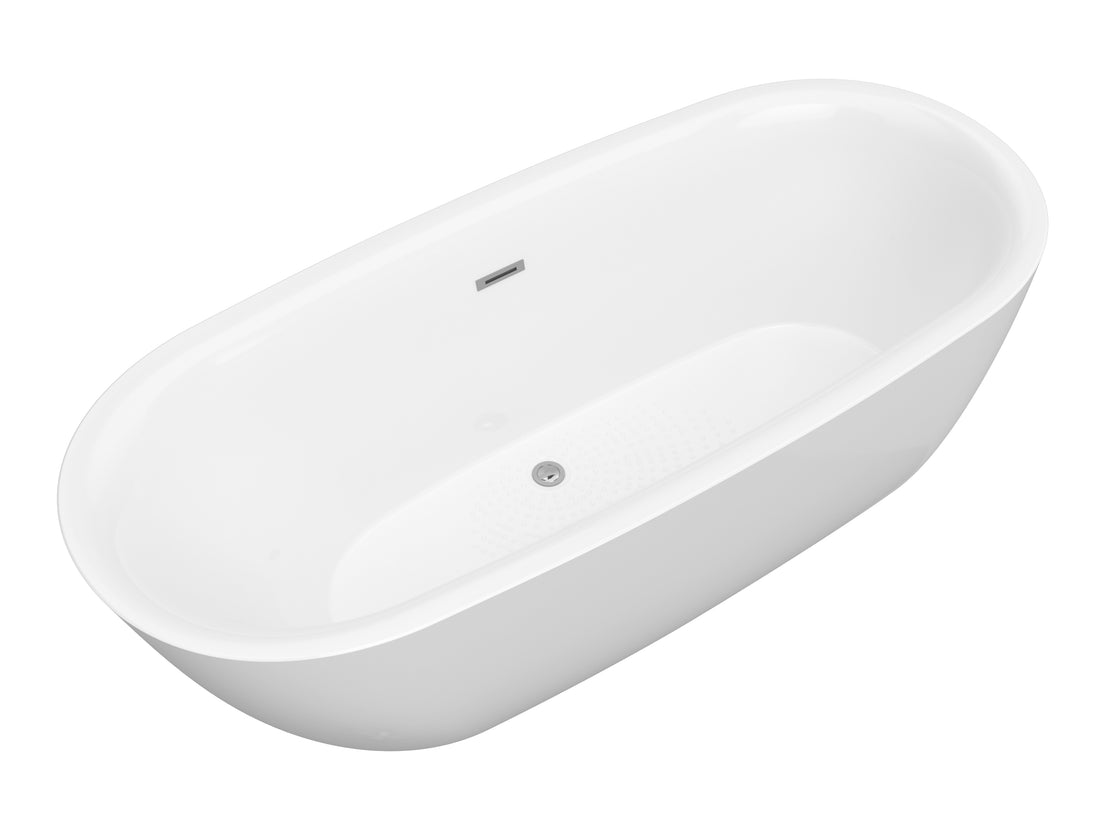 A white, oval-shaped, freestanding acrylic bathtub with a polished chrome drain and overflow trim.