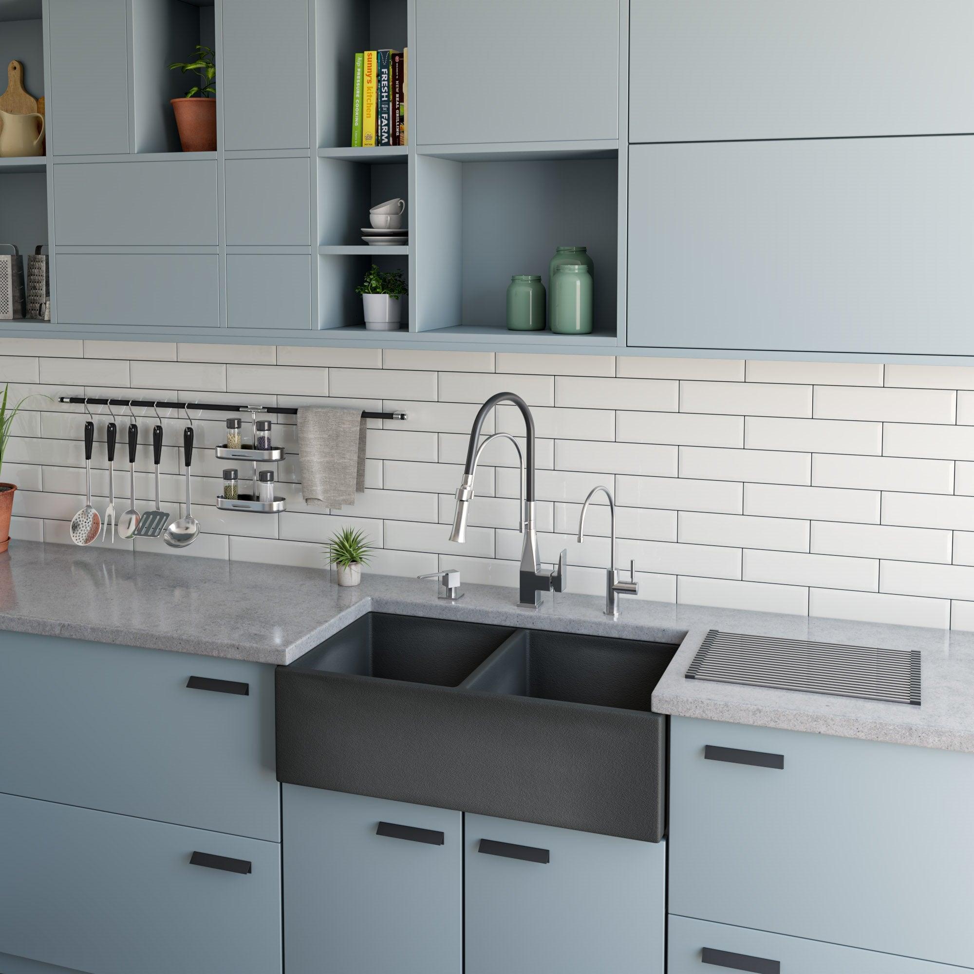 ALFI brand ABCO3318DB Concrete Color 33 inch Reversible Double Fireclay Farmhouse Kitchen Sink