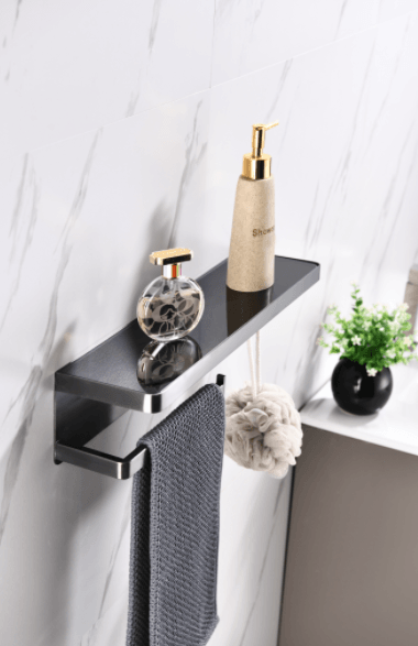 Lexora Bagno Bianca Glass Black / White Shelf w/ Towel Bar & Robe Hook