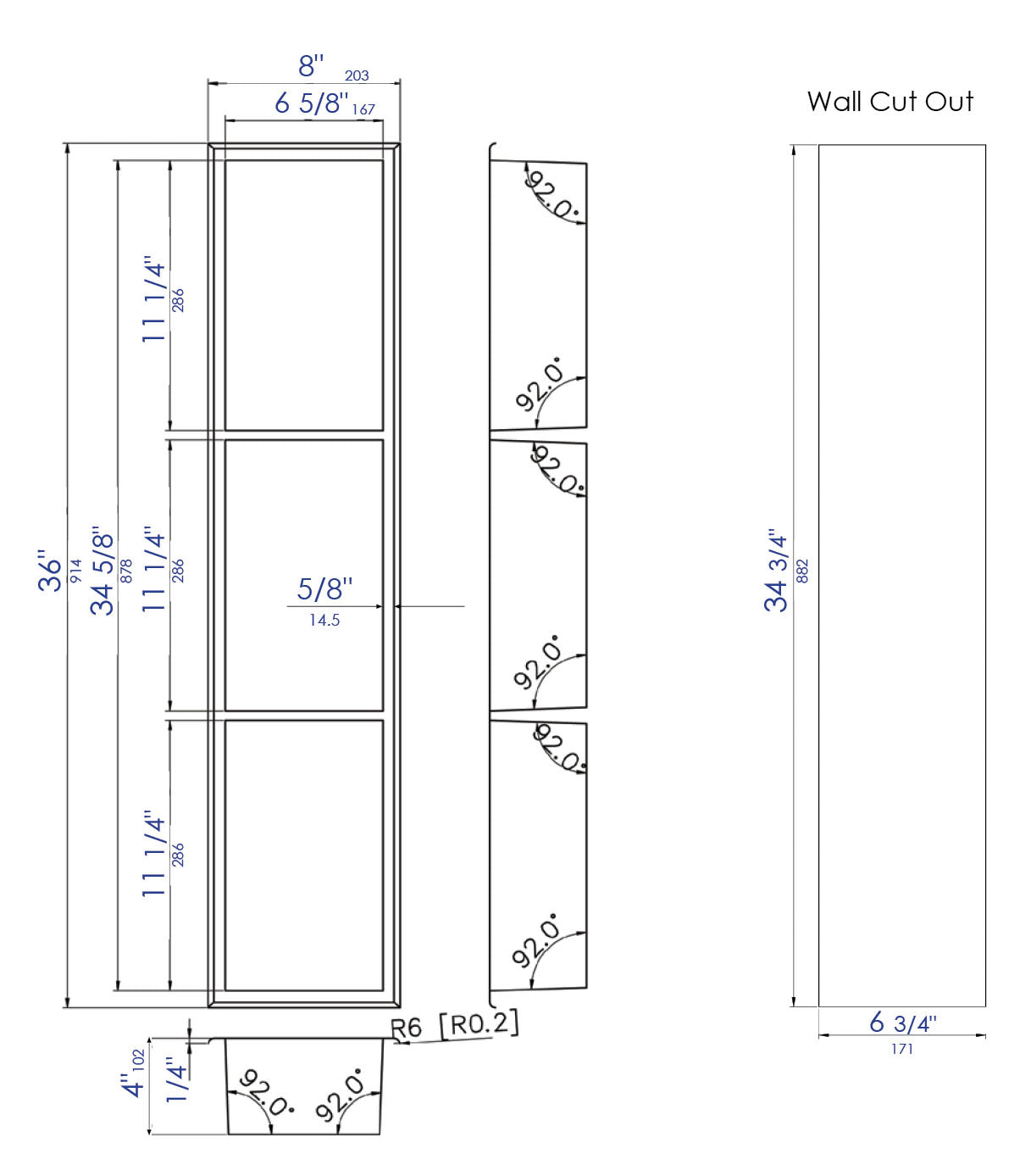 ALFI brand ABNC0836-W 8" x 36" White Matte Stainless Steel Vertical Triple Shelf Bath Shower Niche