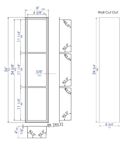 ALFI brand ABNC0836-W 8" x 36" White Matte Stainless Steel Vertical Triple Shelf Bath Shower Niche