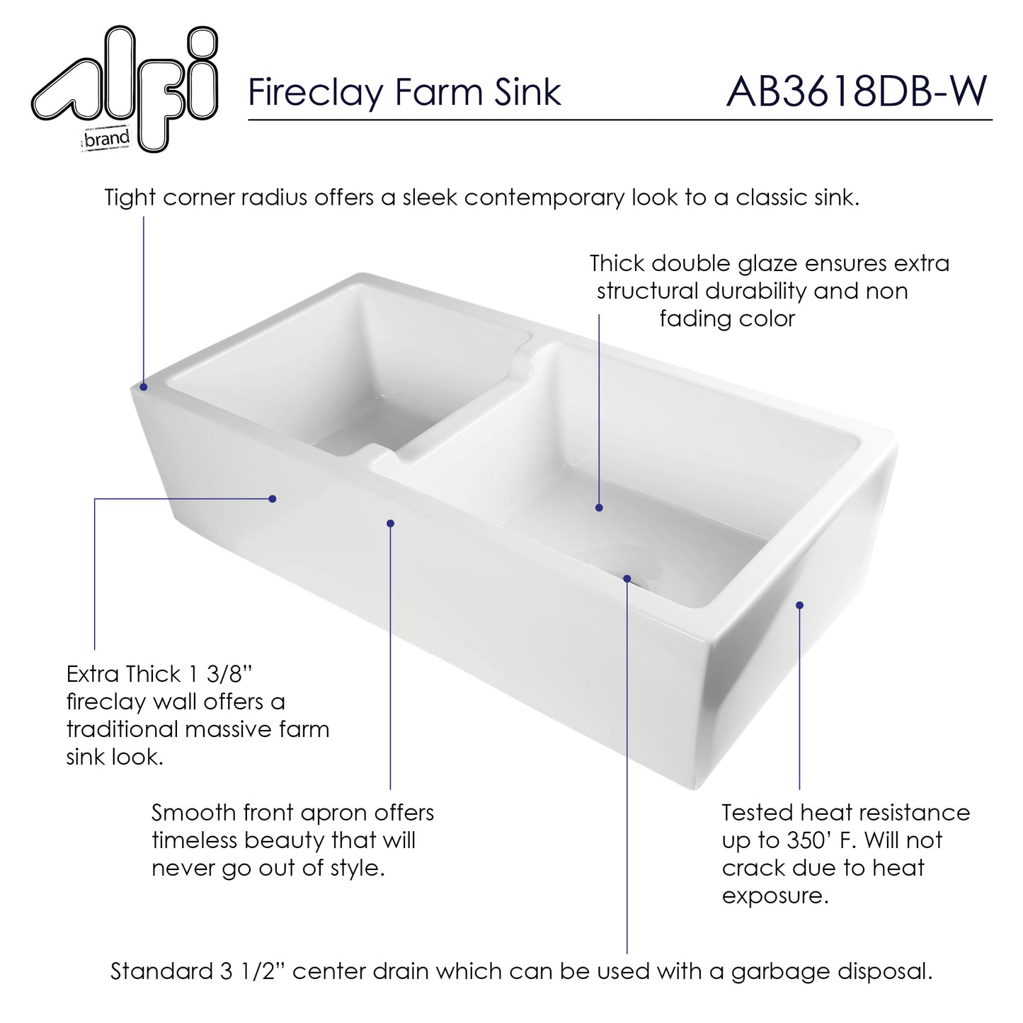 ALFI brand AB3618DB-W  36" White Smooth Apron Thick Wall Fireclay Double Bowl Farm Sink