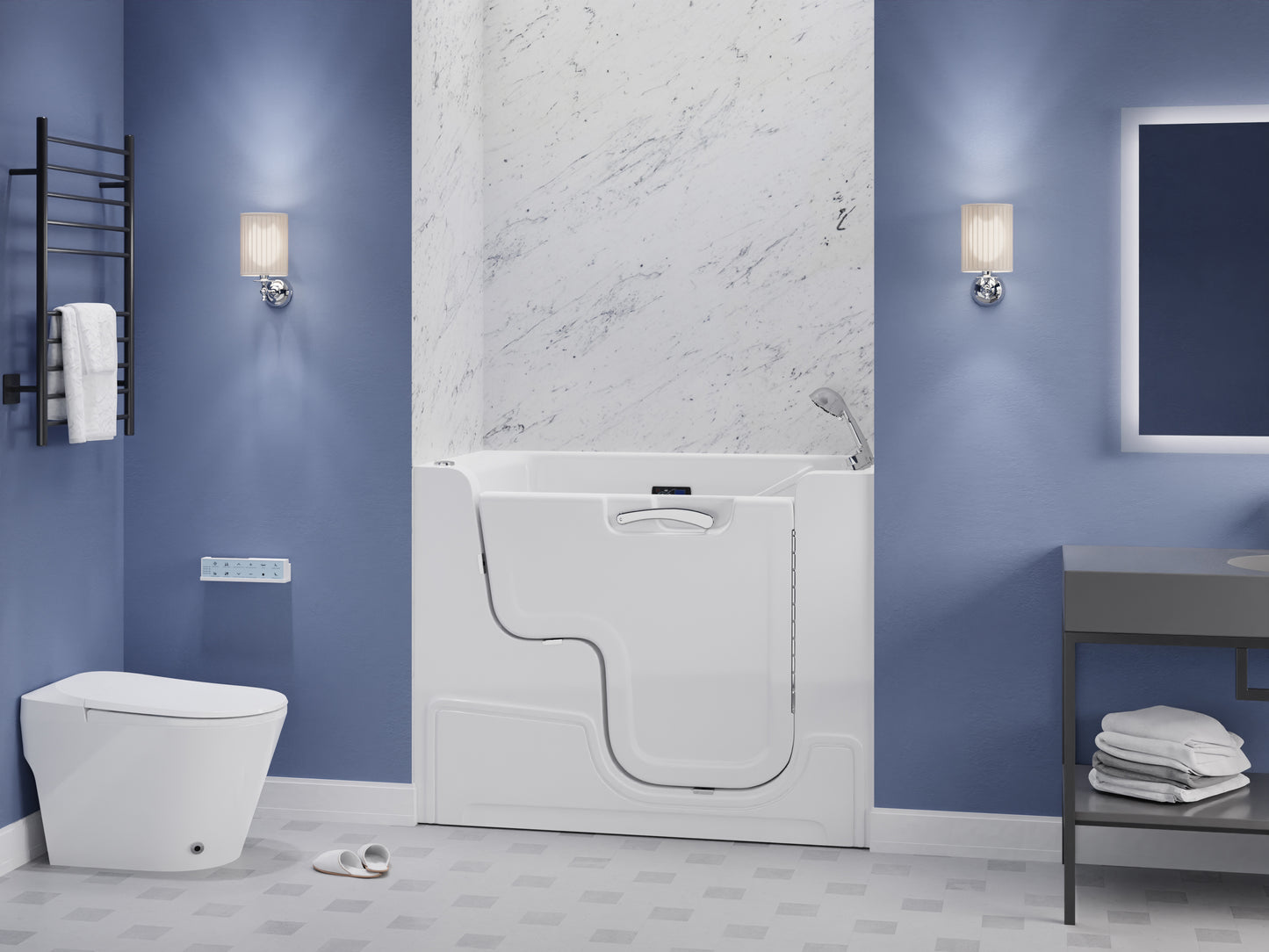 Right Drain FULLY LOADED Wheelchair Access Walk-in Tub with Air and Whirlpool Jets Hot Tub , Quick Fill Waterfall Tub Filler with 6 Setting Handheld Shower Sprayer , Including Aromatherapy, LED Lights, V-Shaped Back Jets, and Auto Drain , 2953WCRWD styled