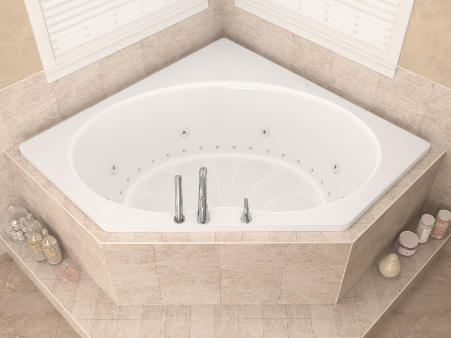 Elevate your bathroom experience with the Atlantis Whirlpools Eclipse 60 x 60 corner air and whirlpool jetted bathtub. Enjoy 8 hydro jets, 29 air jets, aromatherapy, and a maintenance heater for continuous warmth and comfort. Made from high-quality acrylic, this bathtub ensures durability and style. 