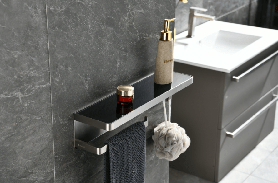 Lexora Bagno Bianca Glass Black / White Shelf w/ Towel Bar & Robe Hook