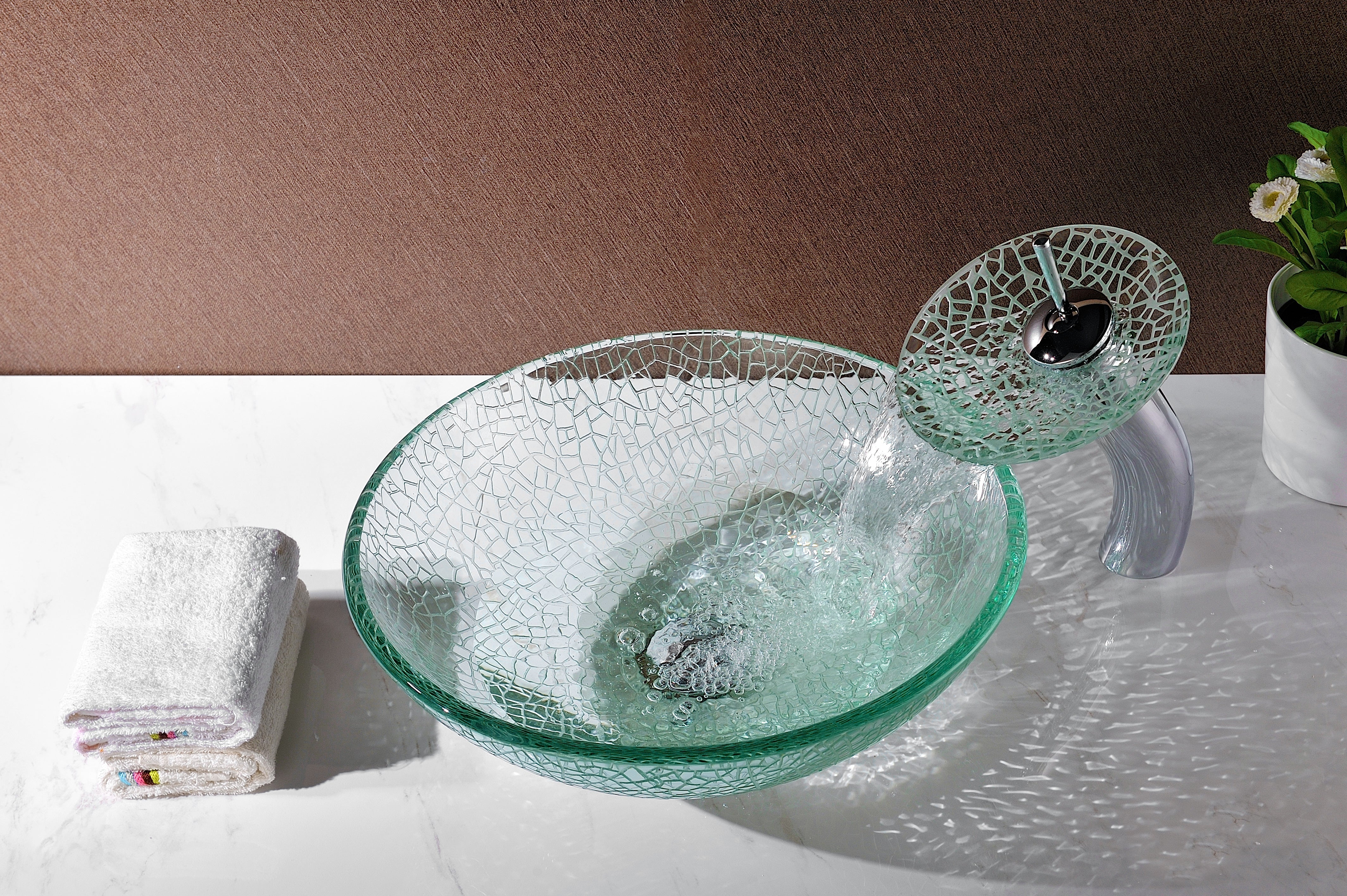 Paeva Series Deco-Glass Vessel Sink in Crystal Clear Chipasi with Matching Chrome Waterfall Faucet
