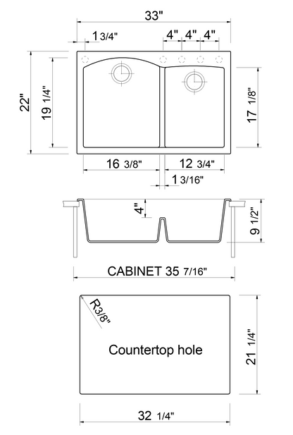 ALFI brand AB3320DI-C Chocolate 33" Double Bowl Drop In Granite Composite Kitchen Sink