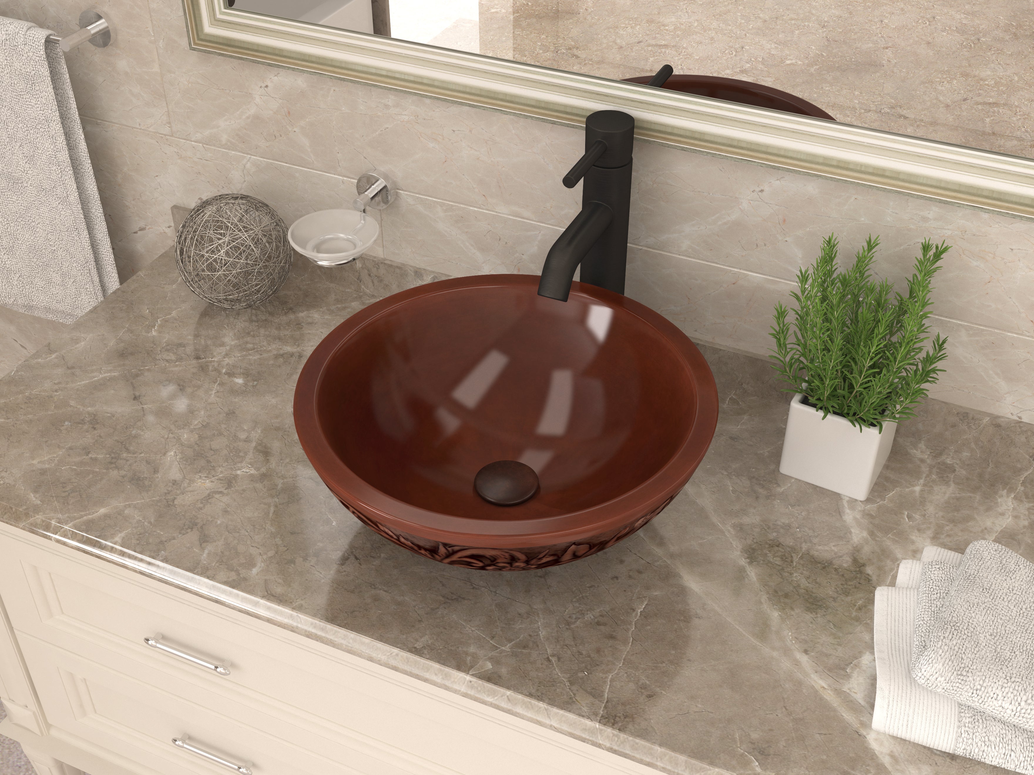 Swell 16 in. Handmade Vessel Sink in Polished Antique Copper with Floral Design Exterior