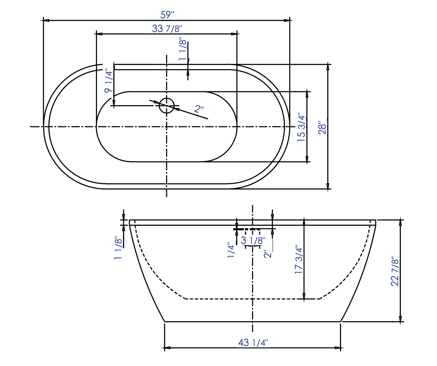 ALFI brand AB8838 59 inch White Oval Acrylic Free Standing Soaking Bathtub