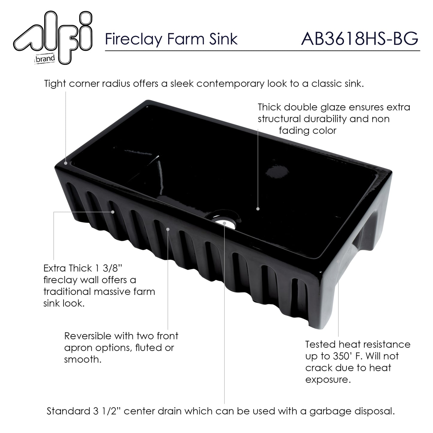 ALFI brand AB3618HS-BG 36" Black Gloss Reversible Smooth / Fluted Single Bowl Fireclay Farm Sink