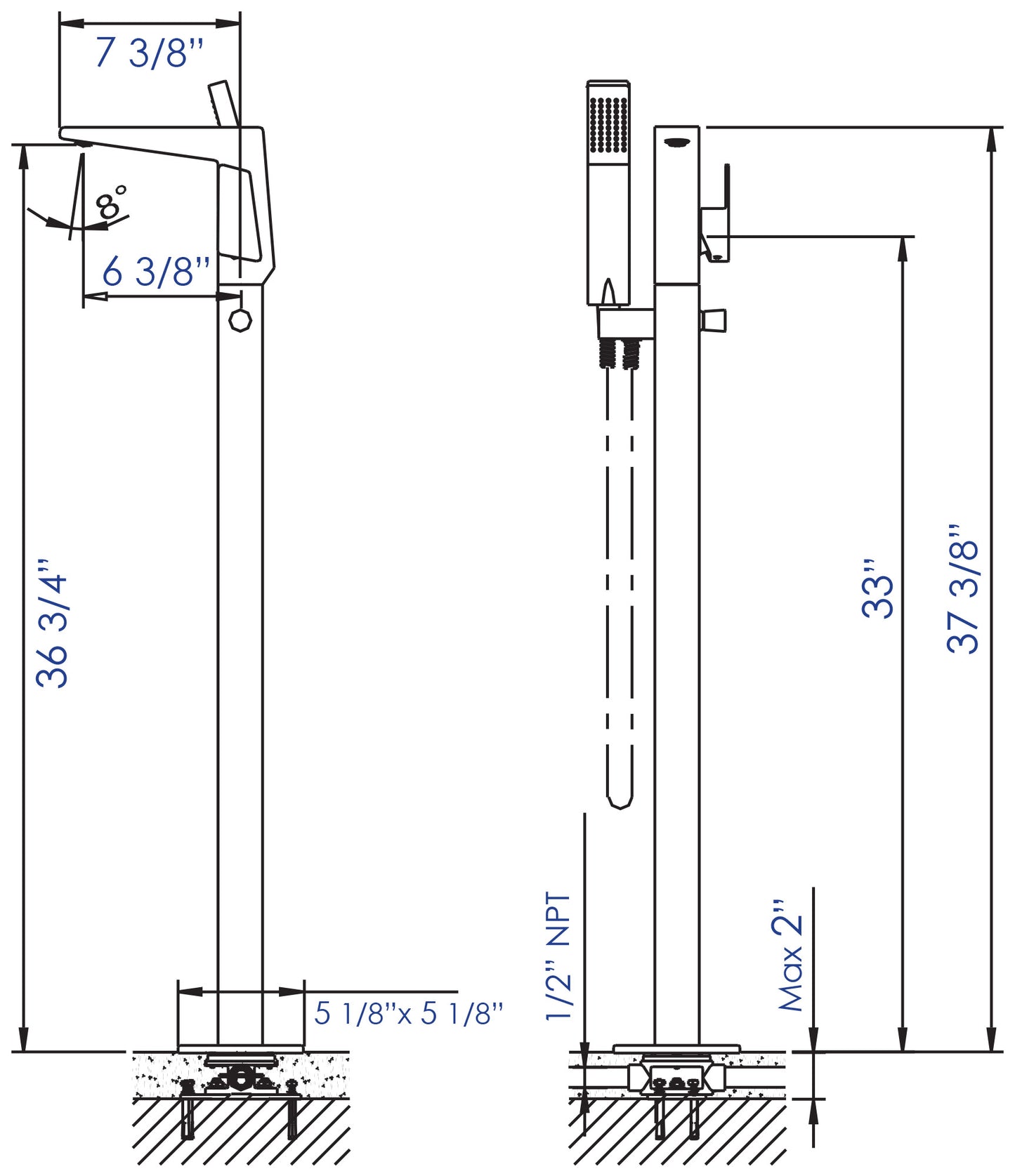 ALFI brand AB2475-PC Polished Chrome Single Hole Floor Mounted Tub Filler