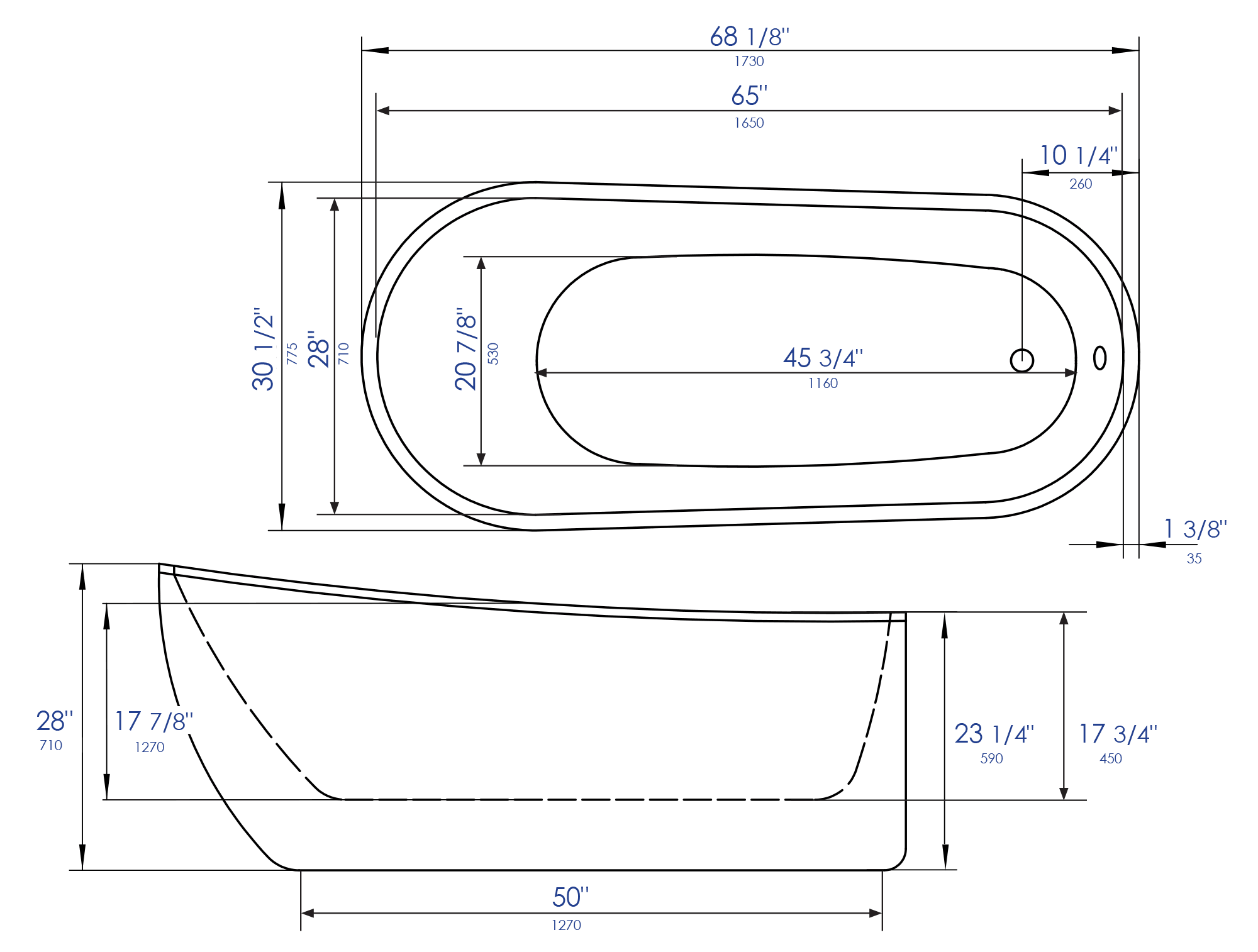 ALFI brand AB8826 68 inch White Oval Acrylic Free Standing Soaking Bathtub