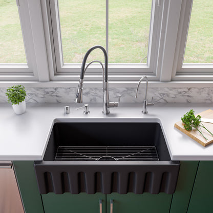 ALFI brand AB3318HS-BM 33" Black Matte Reversible Smooth / Fluted Single Bowl Fireclay Farm Sink