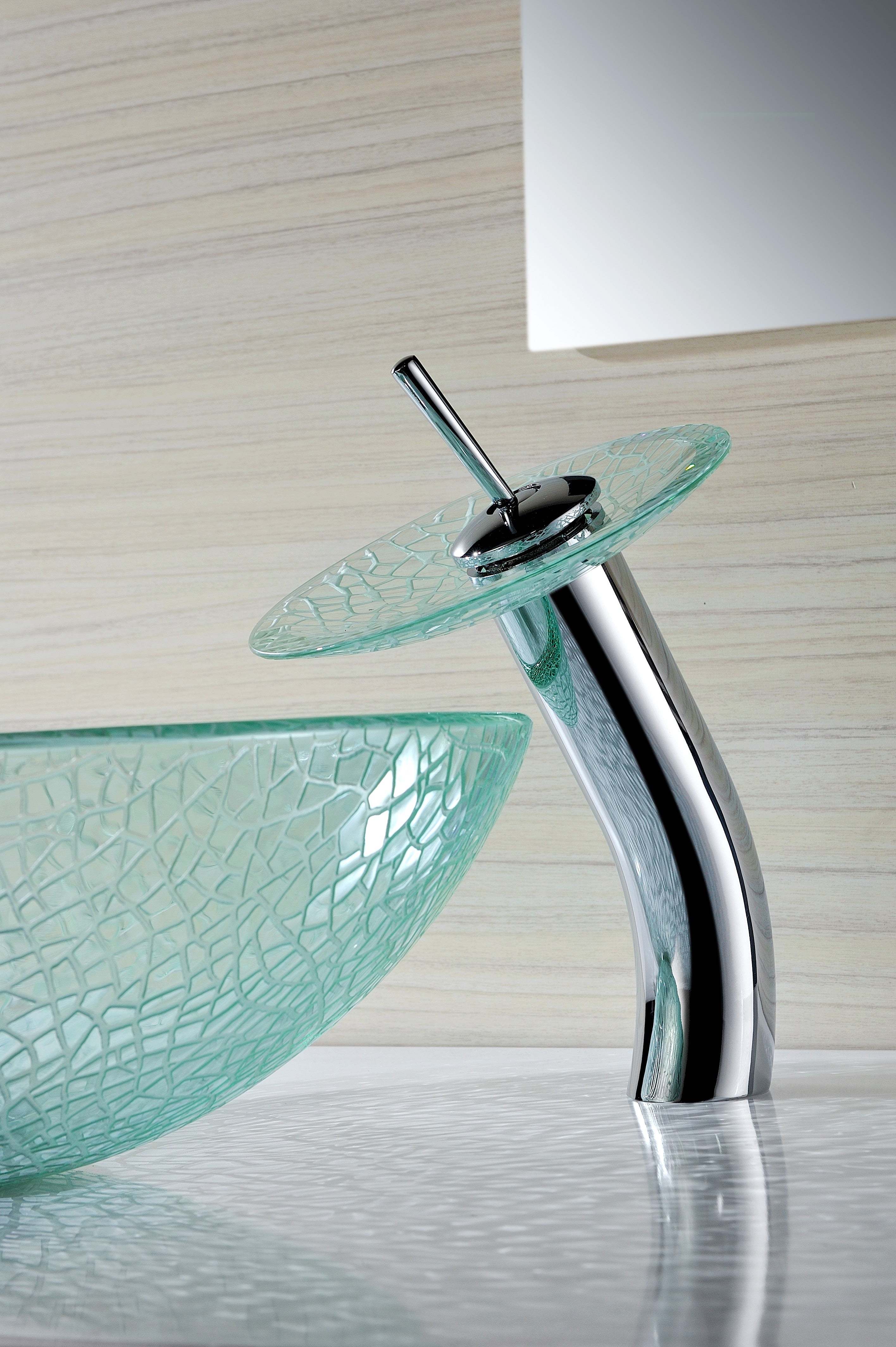 Paeva Series Deco-Glass Vessel Sink in Crystal Clear Chipasi with Matching Chrome Waterfall Faucet