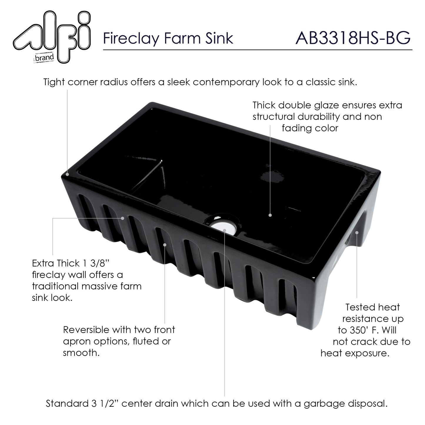 ALFI brand AB3318HS-BG Black Gloss 33" x 18" Reversible Fluted / Smooth Fireclay Farm Sink