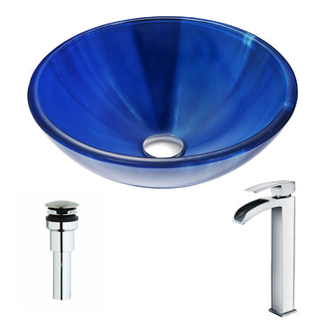 Meno Series Deco-Glass Vessel Sink in Lustrous Blue with Key Faucet