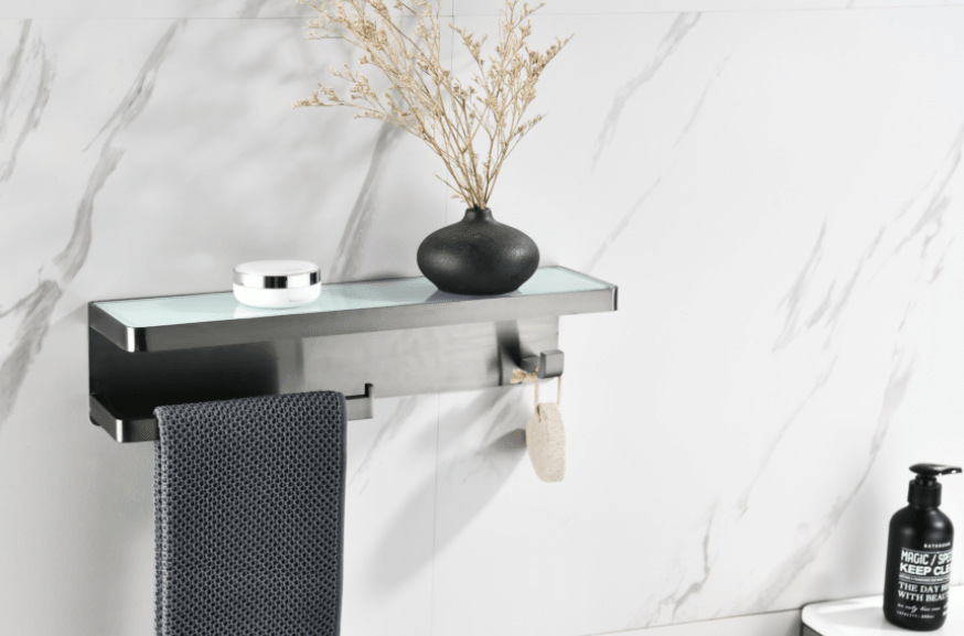 Lexora Bagno Bianca Glass Black / White Shelf w/ Towel Bar & Robe Hook