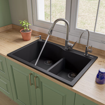 ALFI brand AB3320DI-BLA Black 33" Double Bowl Drop In Granite Composite Kitchen Sink