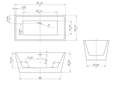 ALFI brand AB8834 59 inch Black & White Rectangular Acrylic Free Standing Soaking Bathtub