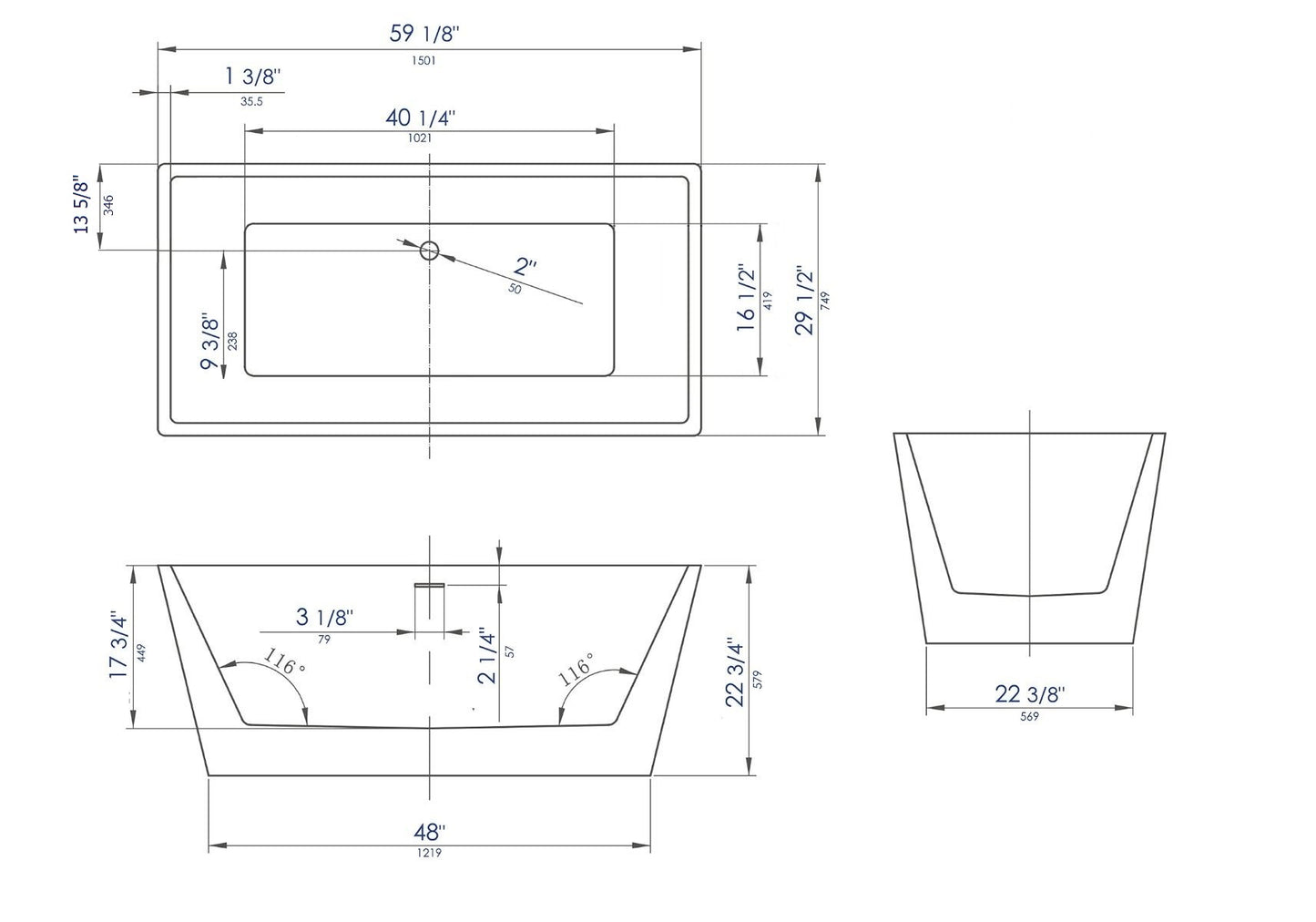 ALFI brand AB8833 59 inch White Rectangular Acrylic Free Standing Soaking Bathtub