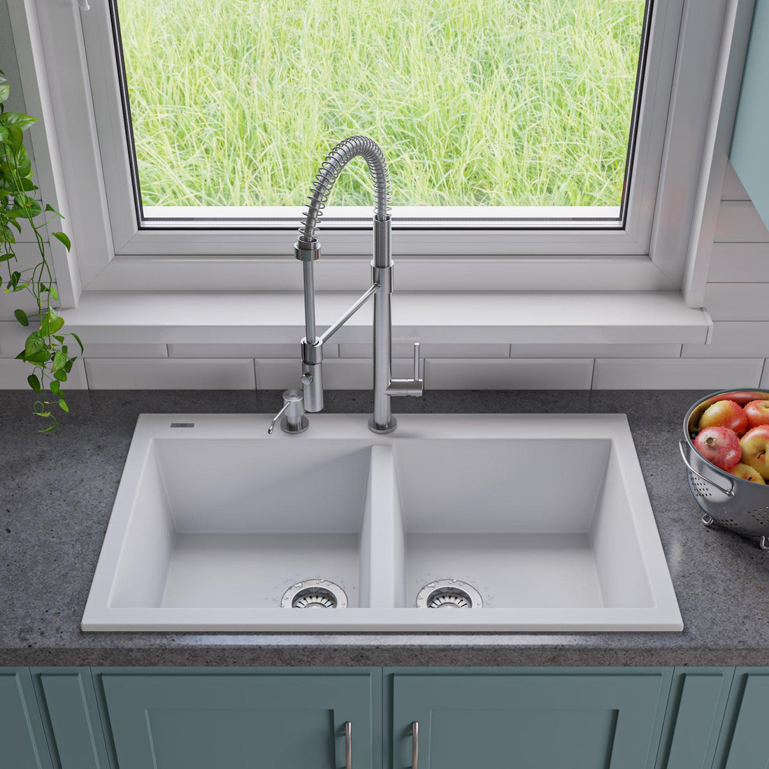 ALFI brand AB3420DI-W White 34" Drop-In Double Bowl Granite Composite Kitchen Sink