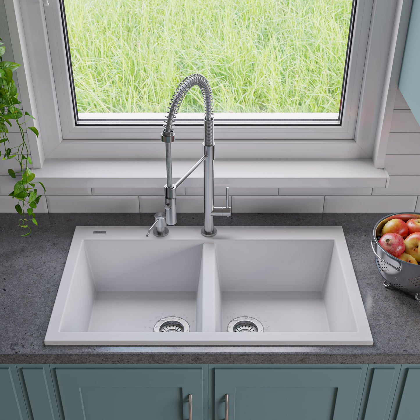 ALFI brand AB3420DI-W White 34" Drop-In Double Bowl Granite Composite Kitchen Sink