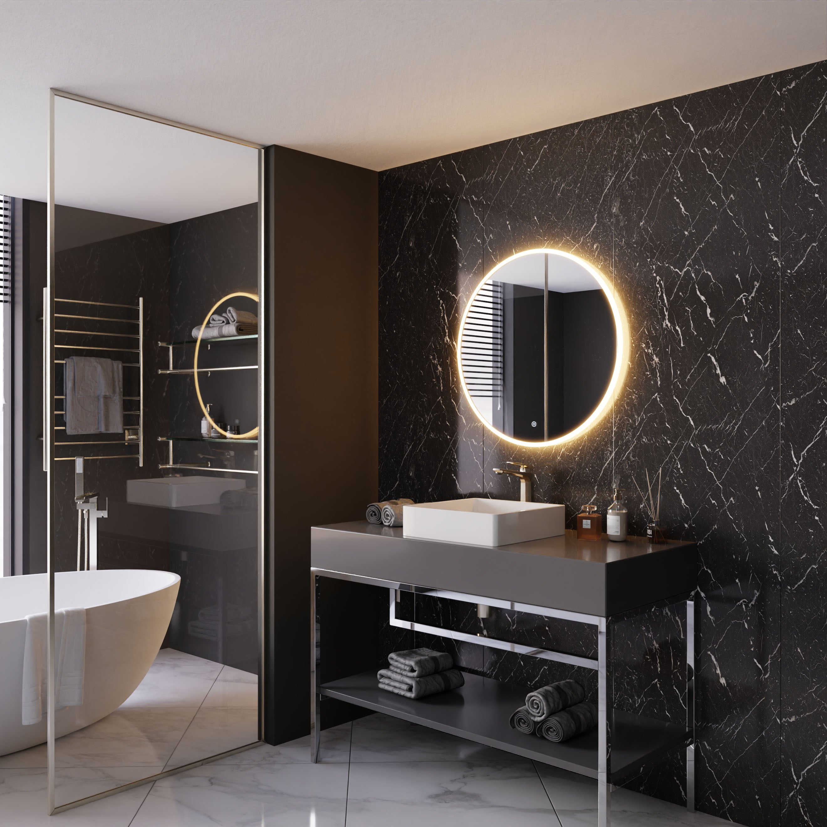 ANZZI 28 in. Diameter Round LED Front Lighting Bathroom Mirror with Defogger