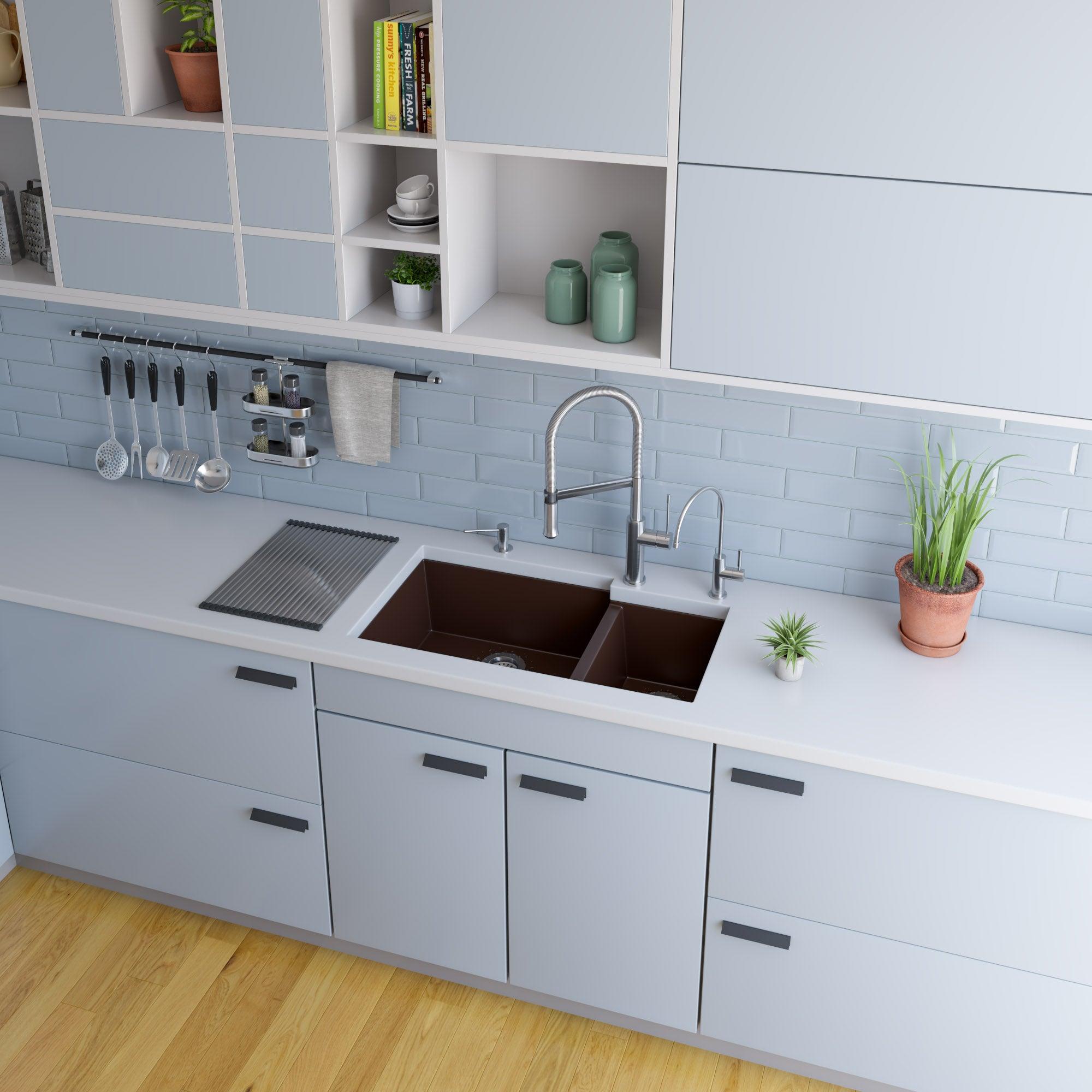 ALFI brand AB3319UM-C Chocolate 34" Double Bowl Undermount Granite Composite Kitchen Sink