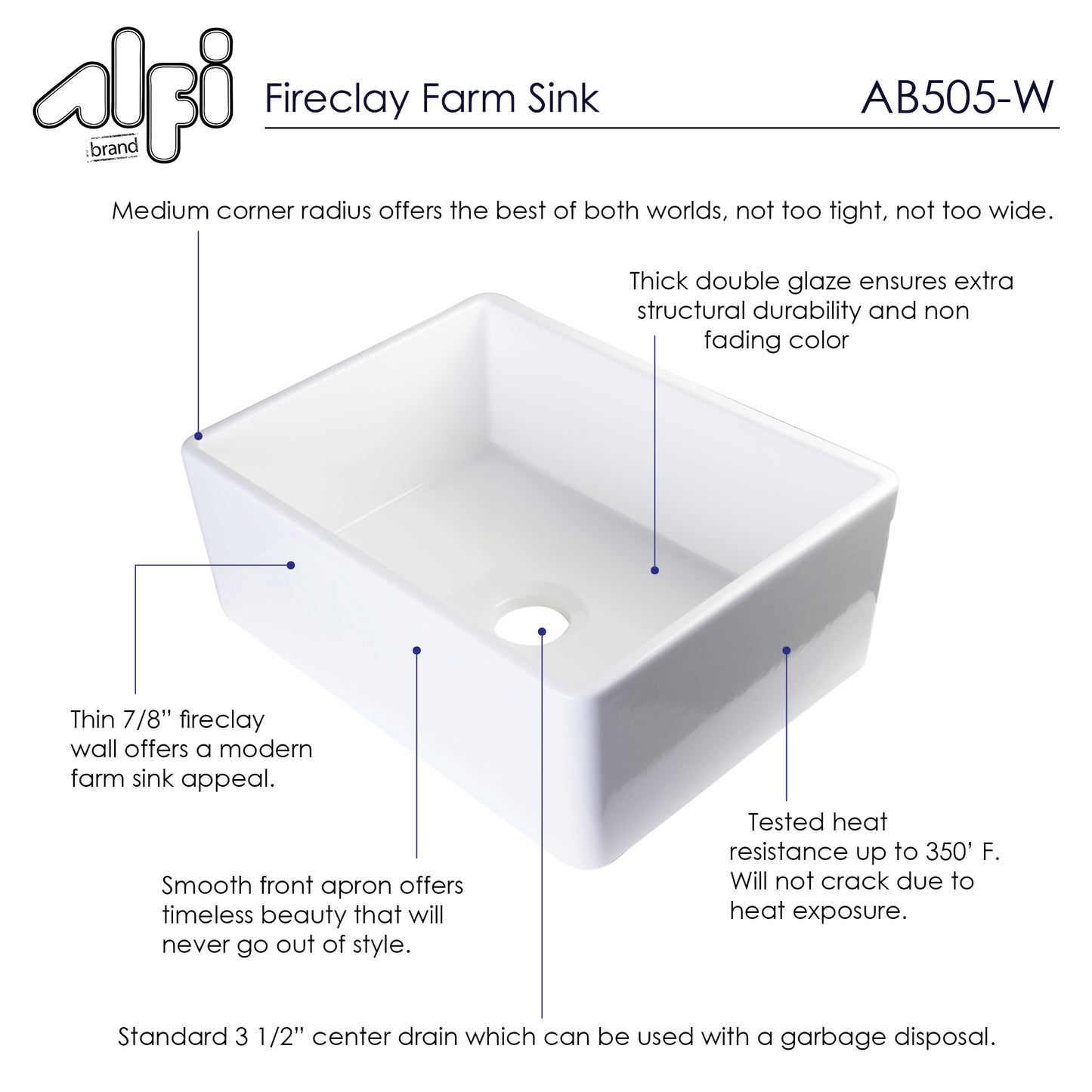 ALFI brand AB505-W White 26" Contemporary Smooth Apron Fireclay Farmhouse Kitchen Sink