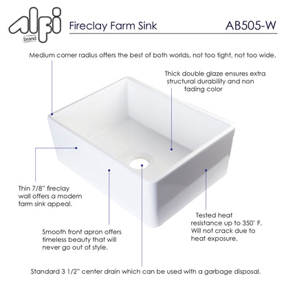 ALFI brand AB505-W White 26" Contemporary Smooth Apron Fireclay Farmhouse Kitchen Sink