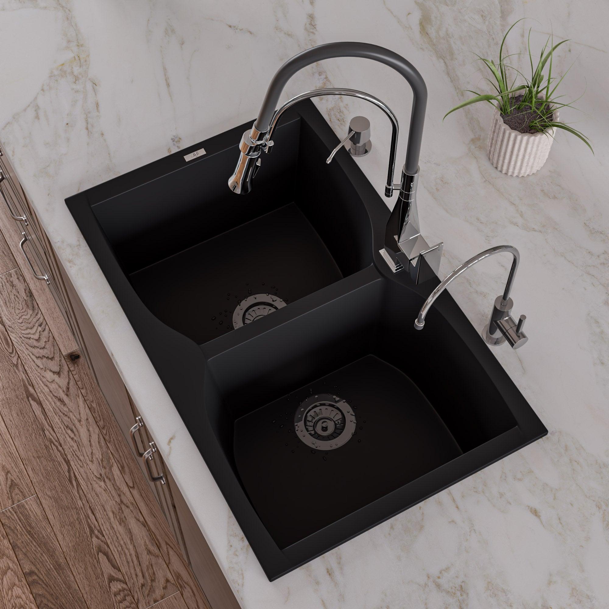 ALFI brand AB3220DI-BLA Black 32" Drop-In Double Bowl Granite Composite Kitchen Sink