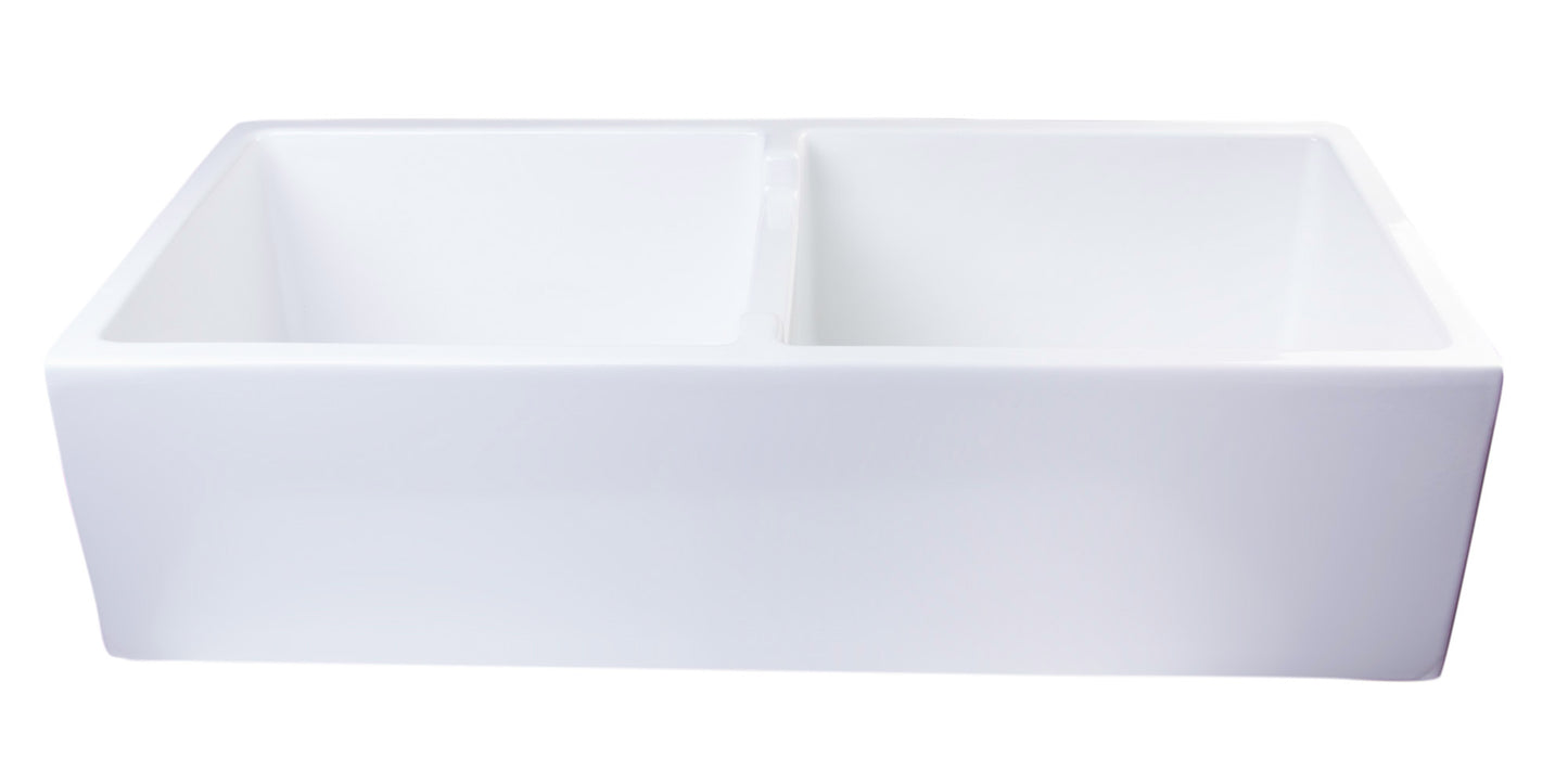 ALFI brand AB3918DB-W 39" White Smooth Apron Thick Wall Fireclay Double Bowl Farm Sink