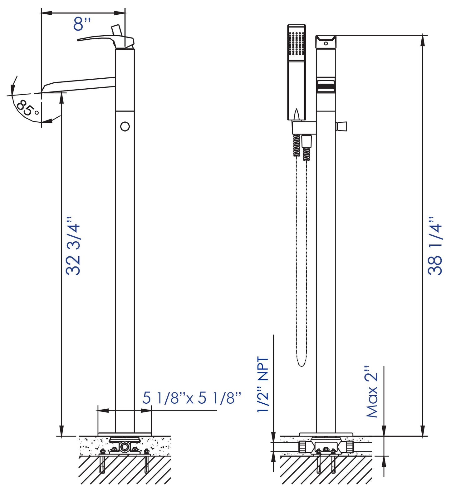 ALFI brand AB2843-BN Brushed Nickel Single Hole Floor Mounted Waterfall Tub Filler